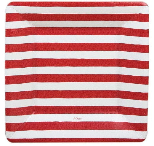 Red and White Stripe Square Paper Salad & Dessert Plates - 8 Per Package